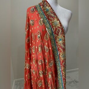 Dupatta Embellished Orange, Blue and Gold Sari, Super XL